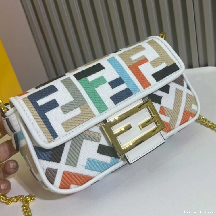 Vintage HOT Mini Motif Baguette FF In White Bag Canvas Fendi Multi 0727